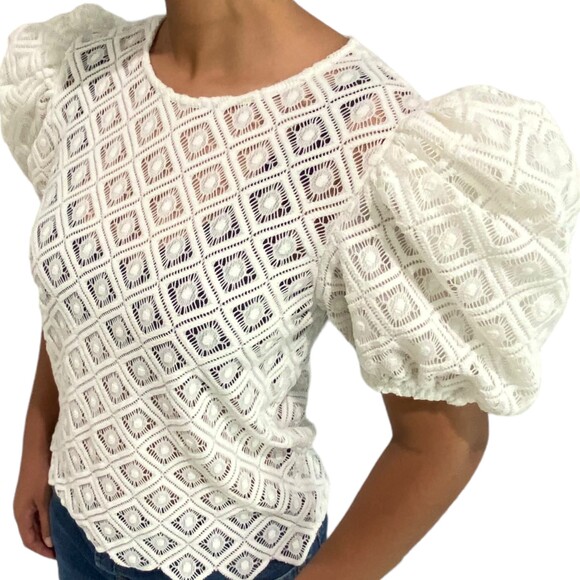 EXPRESS Women lace Puff Sleeve White Top Shirt Blouse Victorian Small - Picture 4 of 11
